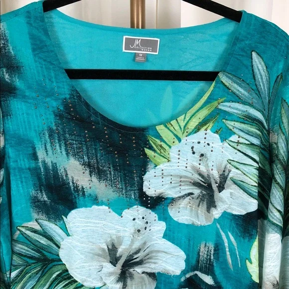 JM Collection Teal Tropical Floral Scoop-Neck Blouse Flowy Sleeves Sz 1X (V1) - Picture 3 of 10